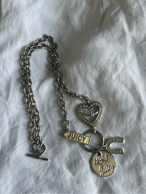 Juicy Couture Silver Charm Pendant Necklace with Crystal Heart & Horseshoe